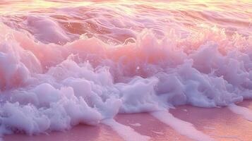 Pink sunrise waves on beach, ocean foam, calm background, perfect for travel brochures photo