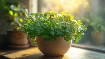 Leprechaun in clover pot, sunny windowsill photo