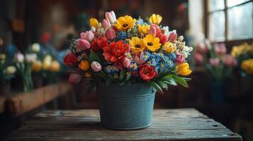Colorful spring bouquet in rustic flower shop photo