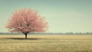 Solitary pink tree in spring field, calm background, nature scene, website banner photo
