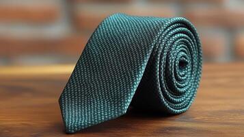 Rolled teal necktie on wood, brick background photo