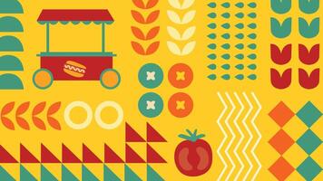 Vintage vegetable abstract geometric background. Mosaic Scandinavian background. Food and hawker background, Food print. Retro background with food concept. vector