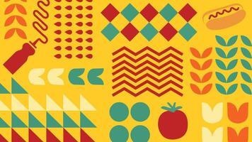 A vibrant seamless background featuring barbecue elements, abstract food icons, and geometric shapes. Perfect for summer party invitations, digital prints, restaurant menus, and packaging design. vector