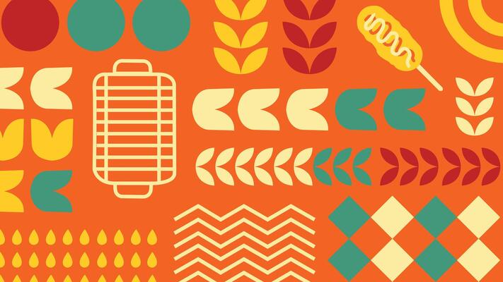 A retro-style seamless background featuring BBQ elements, grilling tools, food illustrations, and geometric motifs. Ideal for food packaging, party decorations, and summer themed digital designs.