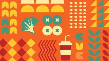 A stylish seamless background with street food elements, geometric decorations, and retro vibes. Ideal for urban themed branding, food truck graphics, and fun digital or print design projects. vector