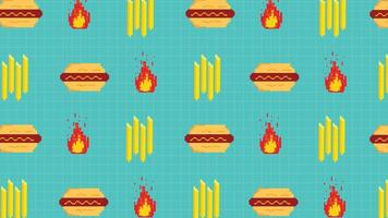 A seamless pixel art background showcasing burgers, fries, and flames on a blue grid background. Great for fast food branding, digital designs, retro gaming aesthetics, restaurant graphics, projects vector