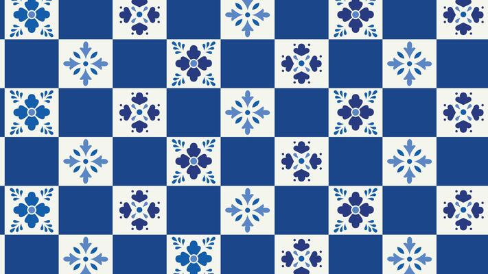 Elegant blue and white seamless tile background with floral and geometric elements. Inspired by traditional ceramic tiles, perfect for backgrounds, wallpapers, textiles, and decorative designs.