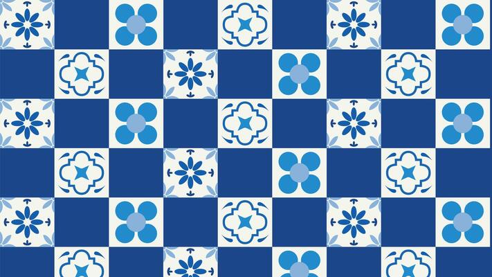 Elegant seamless tile background with blue and white floral elements. A sophisticated and decorative design, perfect for ceramics, wallpapers, textiles, home decor, and artistic backgrounds.