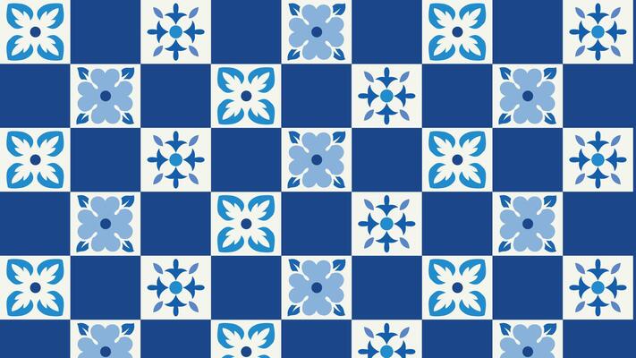 Seamless blue and white tile pbackground attern with floral and geometric details. Inspired by Mediterranean and Portuguese ceramics, perfect for backgrounds, wallpapers, textiles, and prints