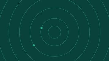 Minimalist geometric representation of a solar system with orbiting planets on a dark green backdrop. Abstract cosmic concept perfect for scientific, educational, and futuristic digital designs. vector