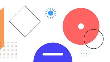 Abstract geometric background with colorful shapes, including circles, squares, and lines on a white backdrop. Modern, minimal, and dynamic composition for creative design projects. vector