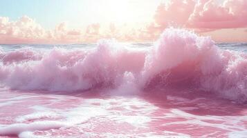 Pink waves crash on beach at sunrise, idyllic ocean scene, ideal for travel photo