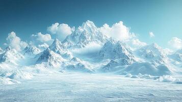 Snowy mountain range, winter landscape, serene scene, travel poster photo