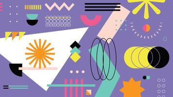 Trendy geometric abstract background with colorful elements, modern lines, and futuristic symbols. Aesthetic Memphis style digital background, ideal for posters, web design, and creative visuals. vector