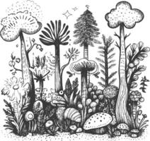 Hand Drawn Illustration Of A Whimsical Forest With Mushrooms And Trees vector