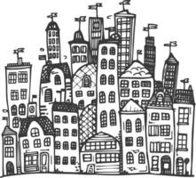 Hand Drawn Illustration Of A Whimsical Cityscape With Various Buildings And Flags vector