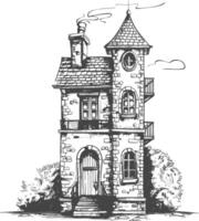 Hand Drawn Illustration Of A Two Story Brick House With A Tower A Chimney And A Door vector