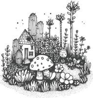 Hand Drawn Illustration Of A Whimsical Garden With A Tiny House Cactus Mushroom And Flowers vector