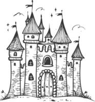Hand Drawn Illustration Of A Stone Castle With Multiple Towers And Flags vector