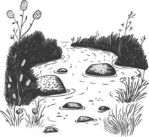 Hand Drawn Illustration Of A Winding Creek With Rocks And Grass vector