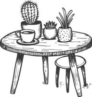 Hand Drawn Illustration Of A Table With Plants And A Cup Of Coffee vector