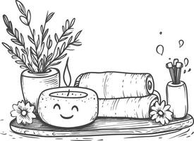 Hand Drawn Illustration Of A Spa Setting With A Smiling Candle Flowers And Rolled Towels vector