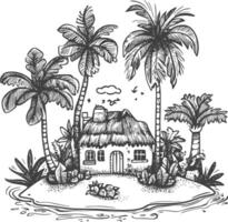 Hand Drawn Illustration Of A Tropical Island With A Thatched Roof Cottage And Palm Trees vector