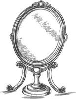 Hand Drawn Illustration Of A Vintage Ornate Mirror With A Stand vector