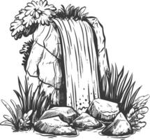 Hand Drawn Illustration Of A Waterfall Flowing Over Rocks With Surrounding Foliage vector