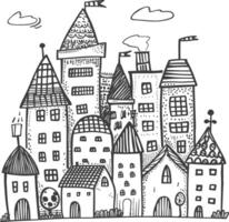 Hand Drawn Illustration Of A Whimsical Town With Multiple Buildings vector