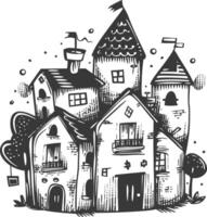 Hand Drawn Illustration Of A Whimsical Multi Story Building With Towers vector