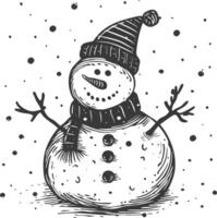 Hand Drawn Illustration Of A Snowman In A Hat And Scarf With Snowflakes Falling Around It vector