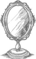 Hand Drawn Illustration Of A Vintage Oval Mirror With An Ornate Frame And Stand vector