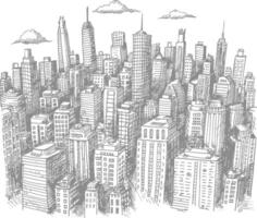 Hand Drawn Sketch Of A Dense Cityscape With Skyscrapers And Clouds Art vector
