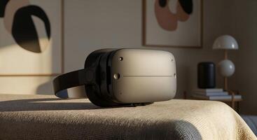 Modern Virtual Reality Headset on Beige Fabric Stylish Home Setting VR tech relax device future photo