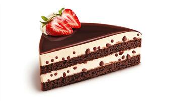 A slice of cake with chocolate frosting and a strawberry photo