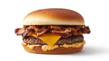 A cheeseburger with bacon and cheese on a white background photo