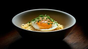 A bowl of noodles with an egg in it photo