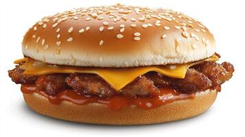 A hamburger with cheese and ketchup on a white background photo