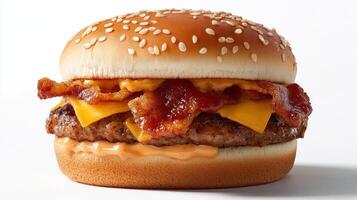 A hamburger with bacon and cheese on it photo