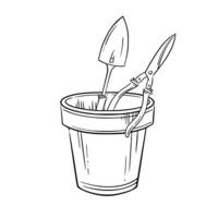 Plant pot with a trowel and pruning shears inside. Isolated hand-drawn graphic illustration of a flowerpot, a spade and shears. Perfect for gardening, landscaping, and eco-friendly projects. vector