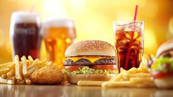 A hamburger, fries and soda are shown on a table photo