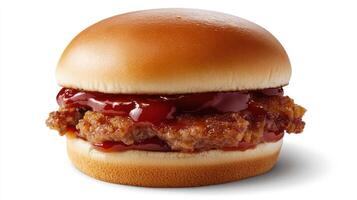 A hamburger with ketchup and ketchup on it photo
