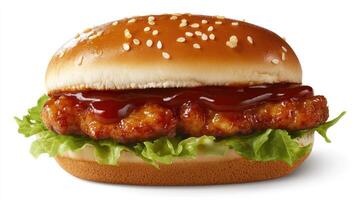 A hamburger with ketchup and lettuce on it photo
