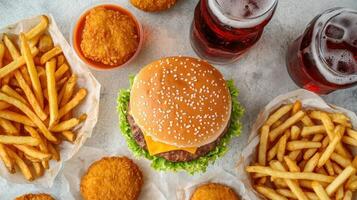 A hamburger, fries and a beer are arranged on a table photo