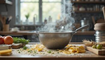 Close-up of a pot of boiling pasta, surrounded by fresh ingredients and cooking utensils. The perfect visual for a cooking blog or recipe book photo