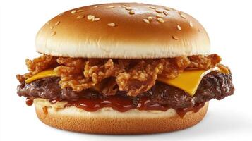 A hamburger with cheese and ketchup on it photo