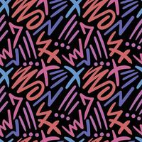 Abstract XS and doodle seamless pattern. Blue red and purple in black pattern. vector
