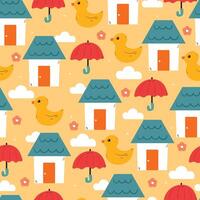 seamless pattern cute cartoon duck with house and sky element. cute animal pattern for wallpaper, background and gift wrap paper vector