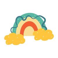 cute hand drawing cartoon boho rainbow with yellow clouds. cute sky element sticker vector